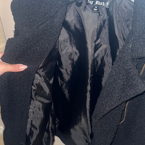 Say What? Black Teddy Jacket Asymmetrical Zipper Lapel Collar - Picture 2 of 3